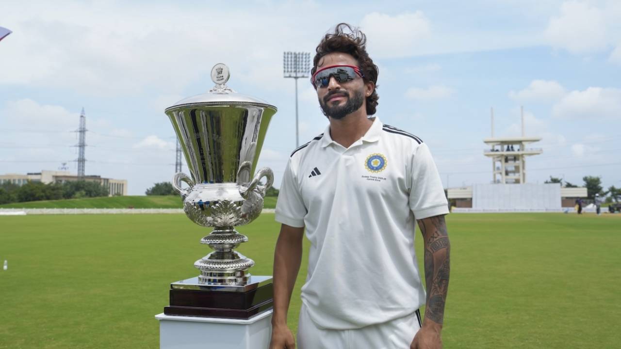 Rajat Patidar proudly poses with the Duleep Trophy trophy, South Zone vs Central Zone, Duleep Trophy final, BCCI CEG Ground, September 15, 2025
