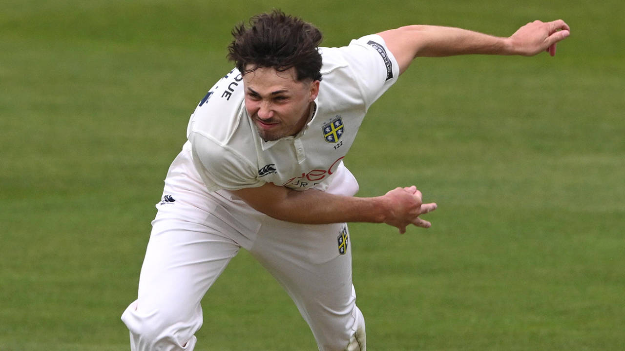 Paul Coughlin in his follow through, Durham vs Yorkshire, County Championship, Chester-le-Street, April 18, 2025