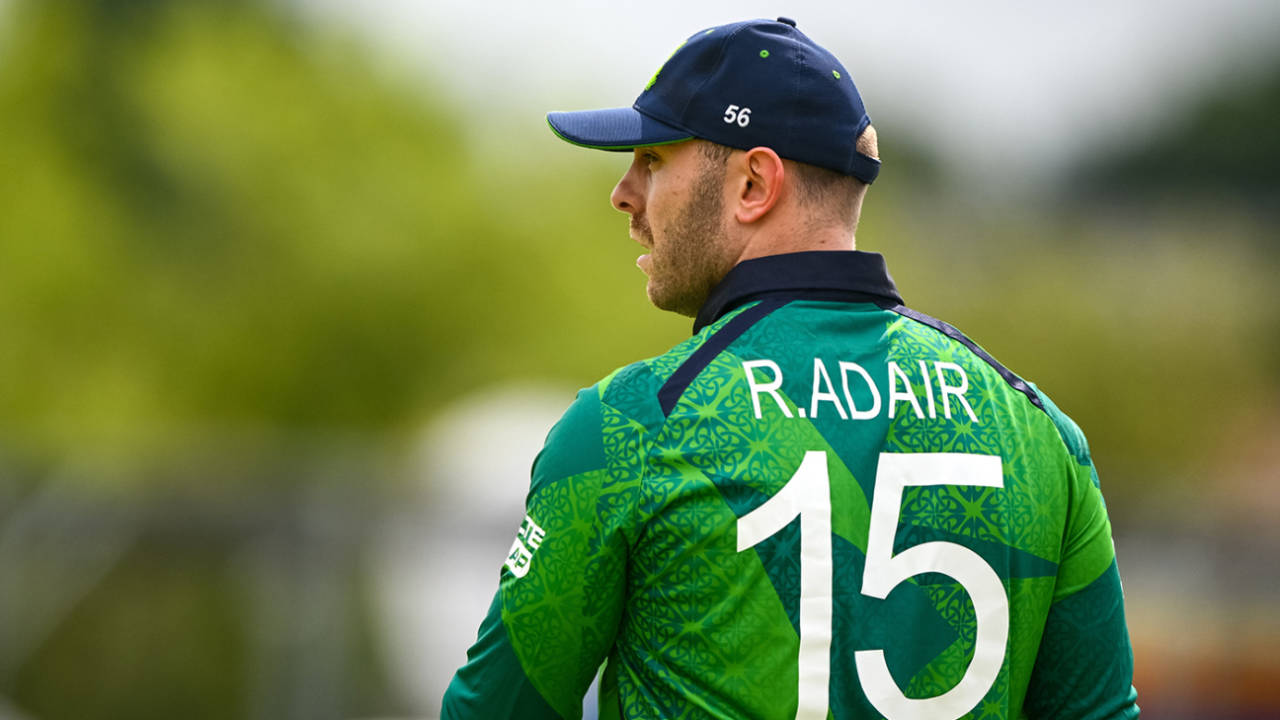 Ross Adair looks on in the field, Ireland vs West Indies, 3rd T20I, Bready, June 15, 2025