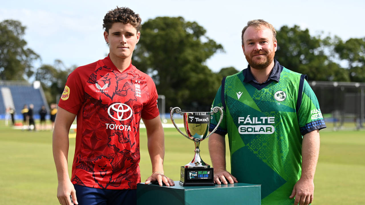 Jacob Bethell and Paul Stirling pose with the series trophy, Ireland vs England, 1st T20I, Dublin, September 16, 2025