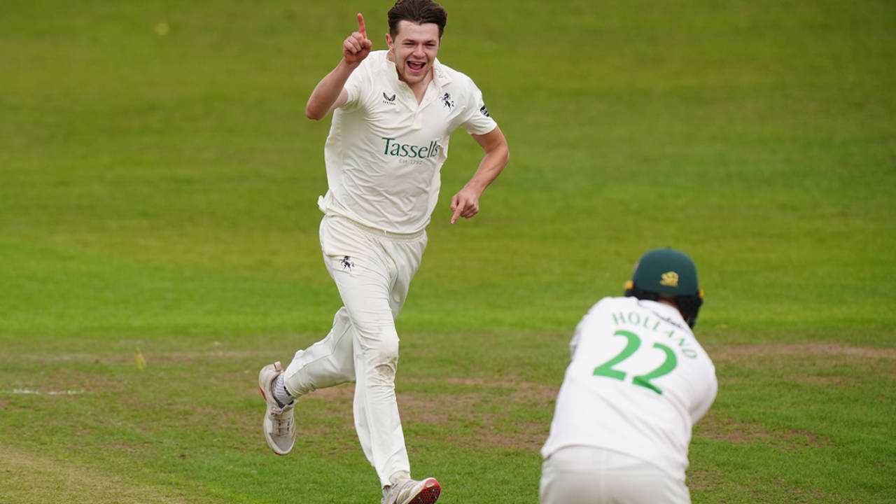 George Garrett celebrates after bowling out Ian Holland, Leicestershire vs Kent, County Championship, Grace Road, September 16, 2025