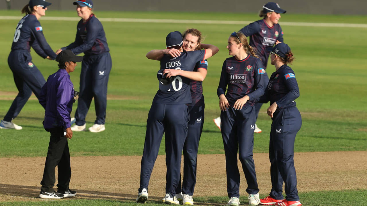 Grace Potts gets a hug from Kate Cross after helping seal victory, The Blaze vs Lancashire, Women's One-Day Cup semi-final, Trent Bridge, September 16, 2025