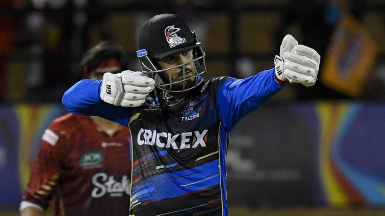 Amir Jangoo celebrates his half-century, Antigua and Barbuda Falcons vs Trinbago Knight Riders, CPL 2025, Providence, September 16, 2025