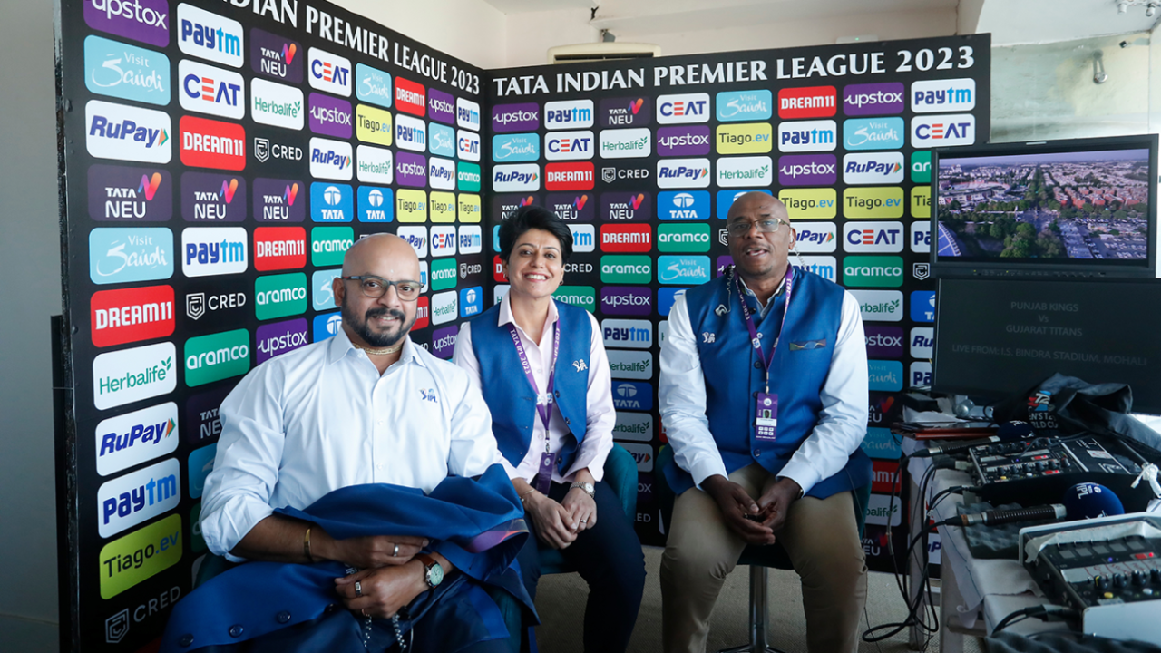 Murali Kartik, Anjum Chopra and Ian Bishop in the IPL commentary booth, Punjab Kings vs Gujarat Titans, IPL 2023, Mohali, April 13, 2023