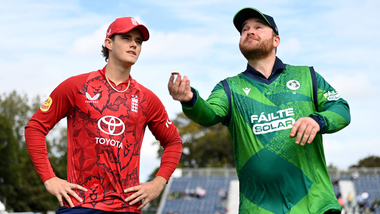 Jacob Bethell and Paul Stirling at the toss, Ireland vs England, 1st Men's T20 International, Malahide, Dublin, September 17, 2025