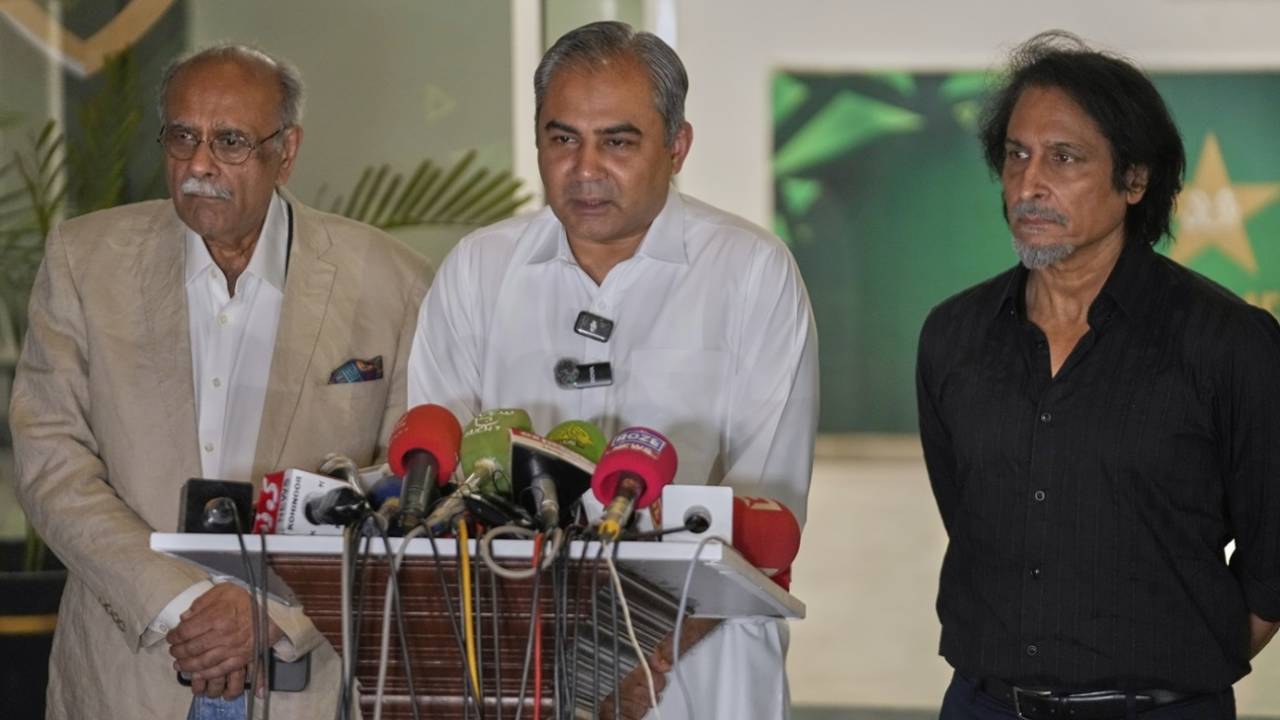 Najam Sethi, Mohsin Naqvi and Ramiz Raja address the media, Lahore, September 17, 2025