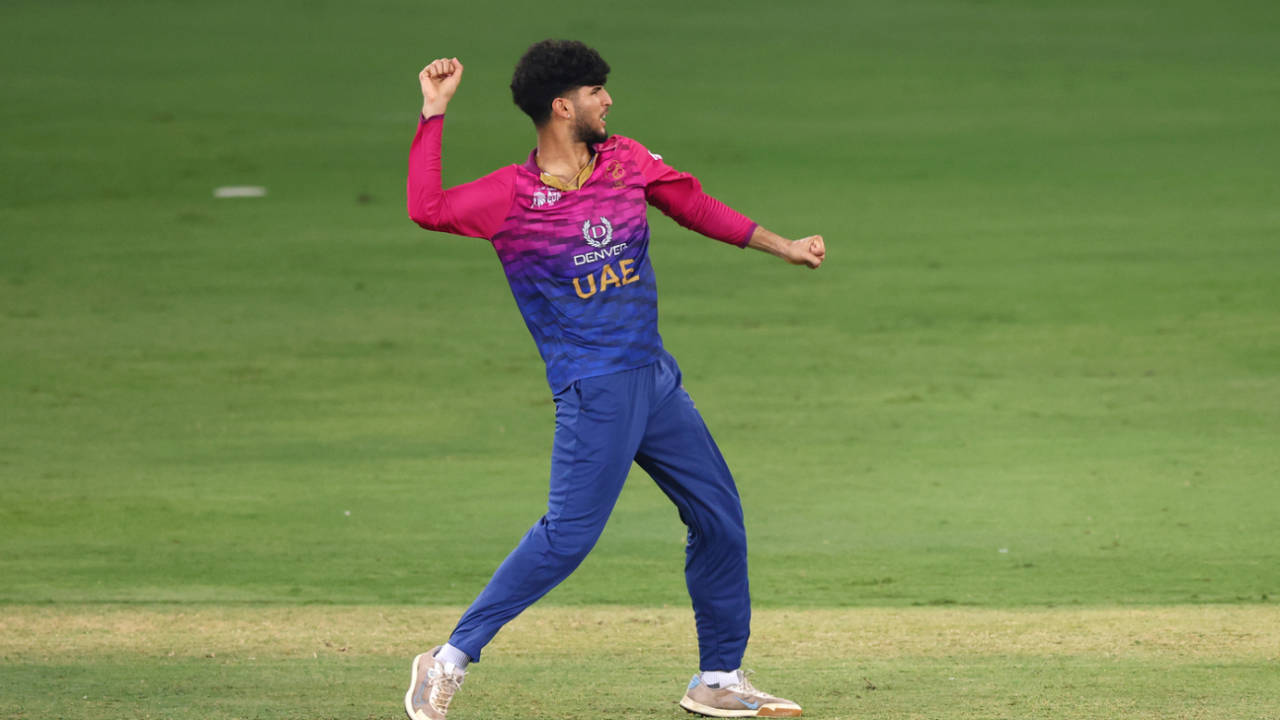 Dhruv Parashar celebrates a crucial breakthrough, UAE vs Pakistan, Men's T20 Asia Cup, Dubai, September 17, 2025