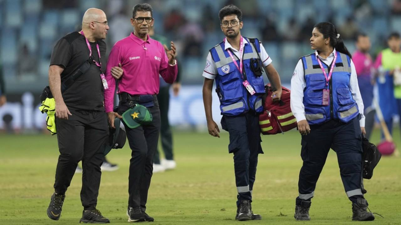 Umpire Ruchira Palliyaguruge is taken off the field after being hit by the ball, UAE vs Pakistan, Men's T20 Asia Cup, Dubai, September 17, 2025