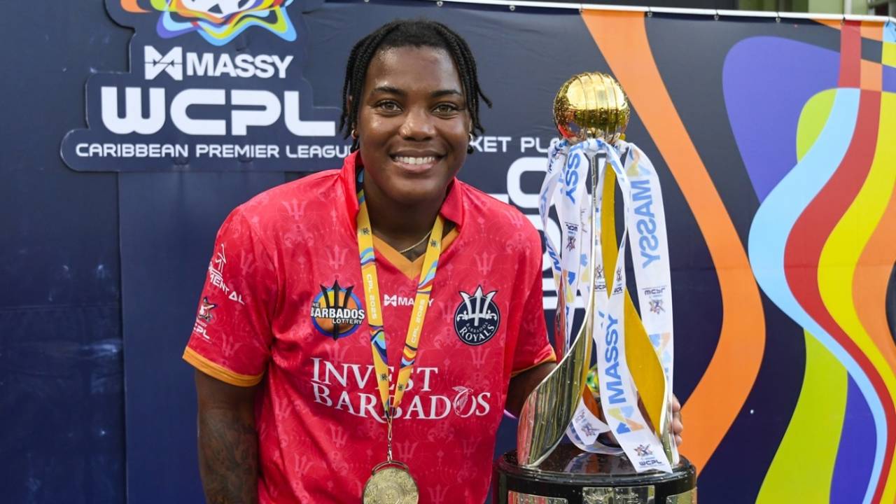Chinelle Henry poses with the Women's Caribbean Premier League trophy, Barbados Royals vs Guyana Amazon Warriors, WCPL, Guyana, September 17, 2025