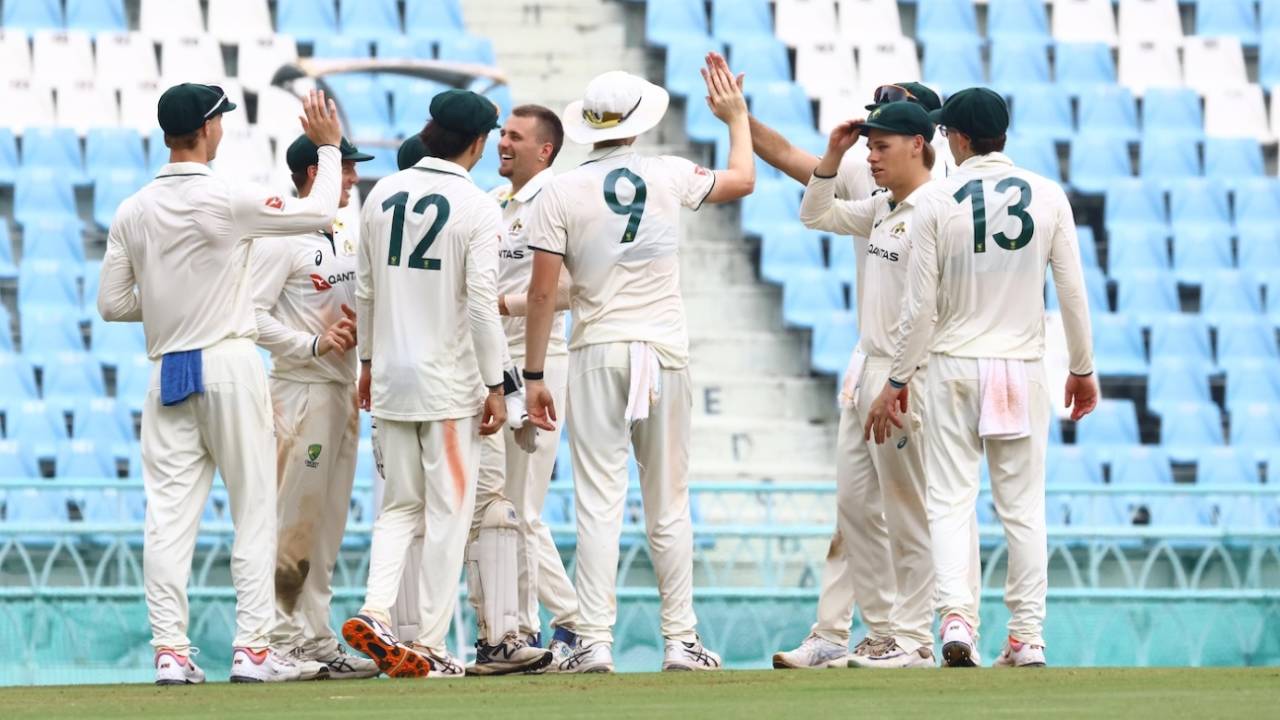 Fergus O'Neill celebrates Dhruv Jurel's wicket with his team-mates, India A vs Australia A, 1st unofficial Test, 4th day, Lucknow, September 19, 2025