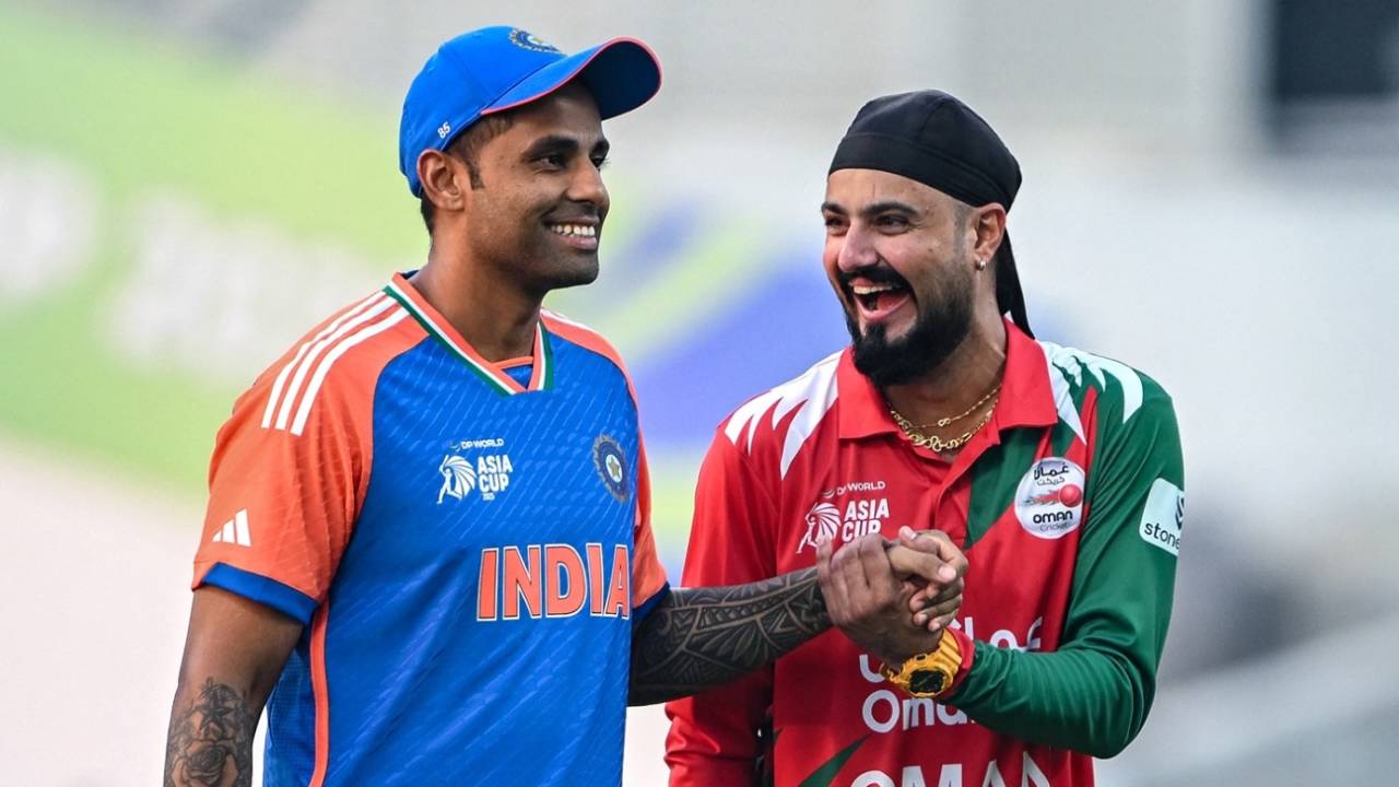 Oman captain Jatinder Singh shares a light moment with India captain Suryakumar Yadav at the toss, India vs Oman, Asia Cup, Dubai, September 19, 2025
