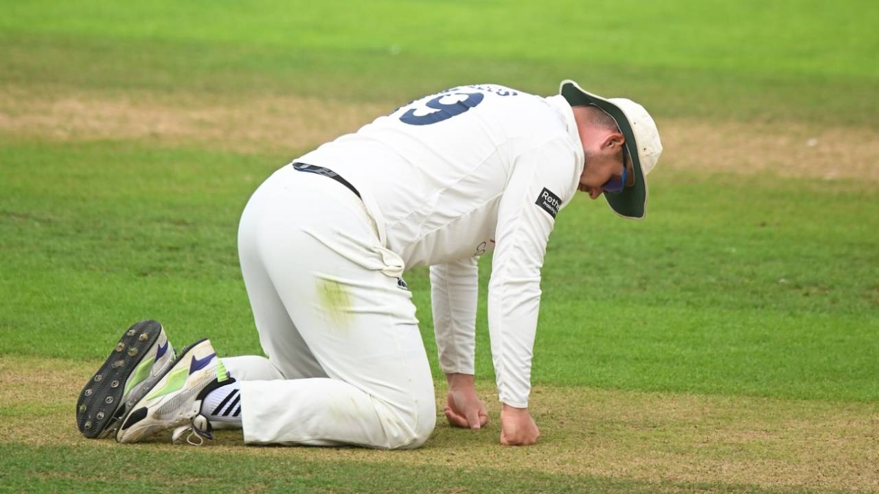Alex Lees assesses the Taunton pitch on day one, Somerset vs Durham, Taunton, Division One, Rothesay County Championship, July 22, 2025 