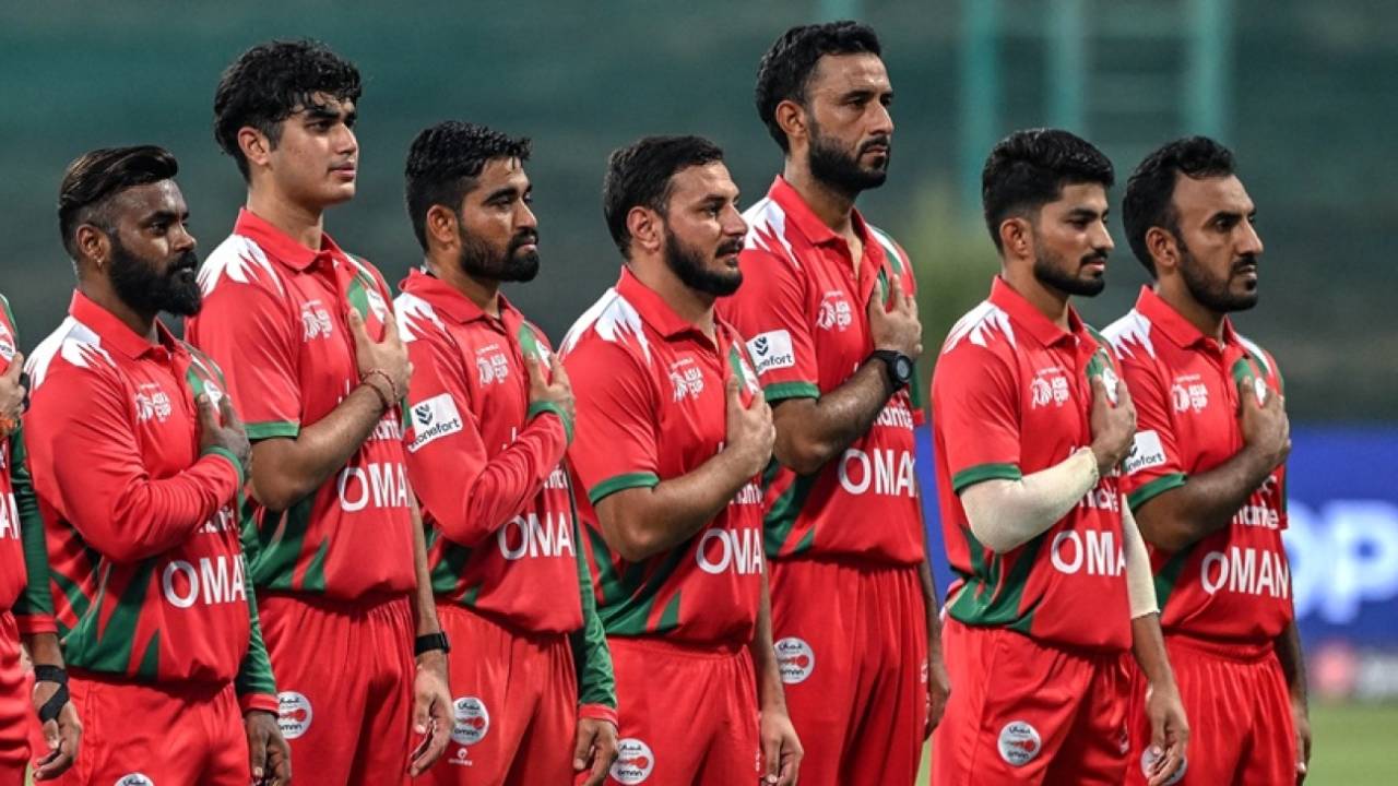 Oman players line up for the national anthem, India vs Oman, Asia Cup, Dubai, September 19, 2025