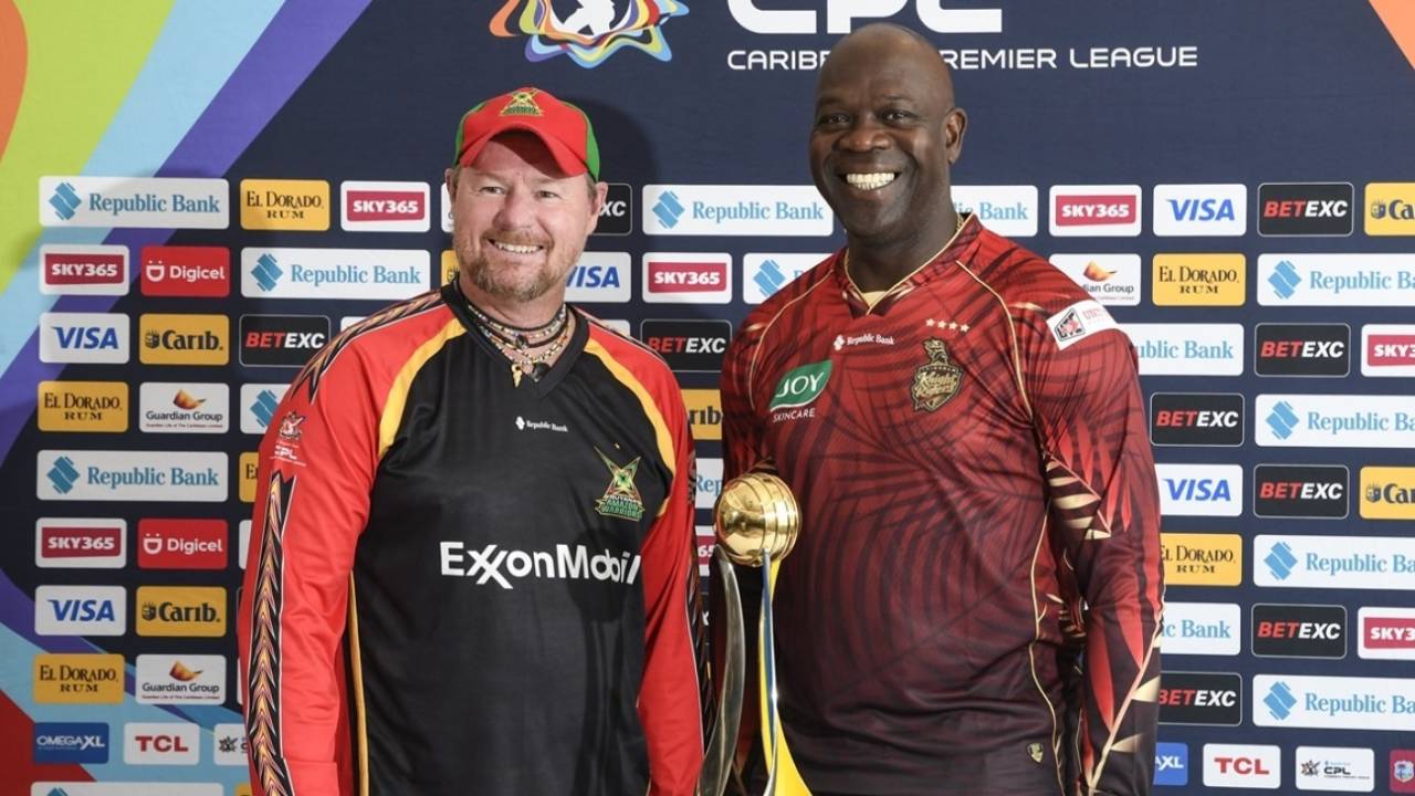 Guyana Amazon Warriors head coach Lance Klusener and Trinbago Knight Riders assistant coach Ottis Gibson with the CPL trophy ahead of the final, CPL 2025, Providence, September 20, 2025