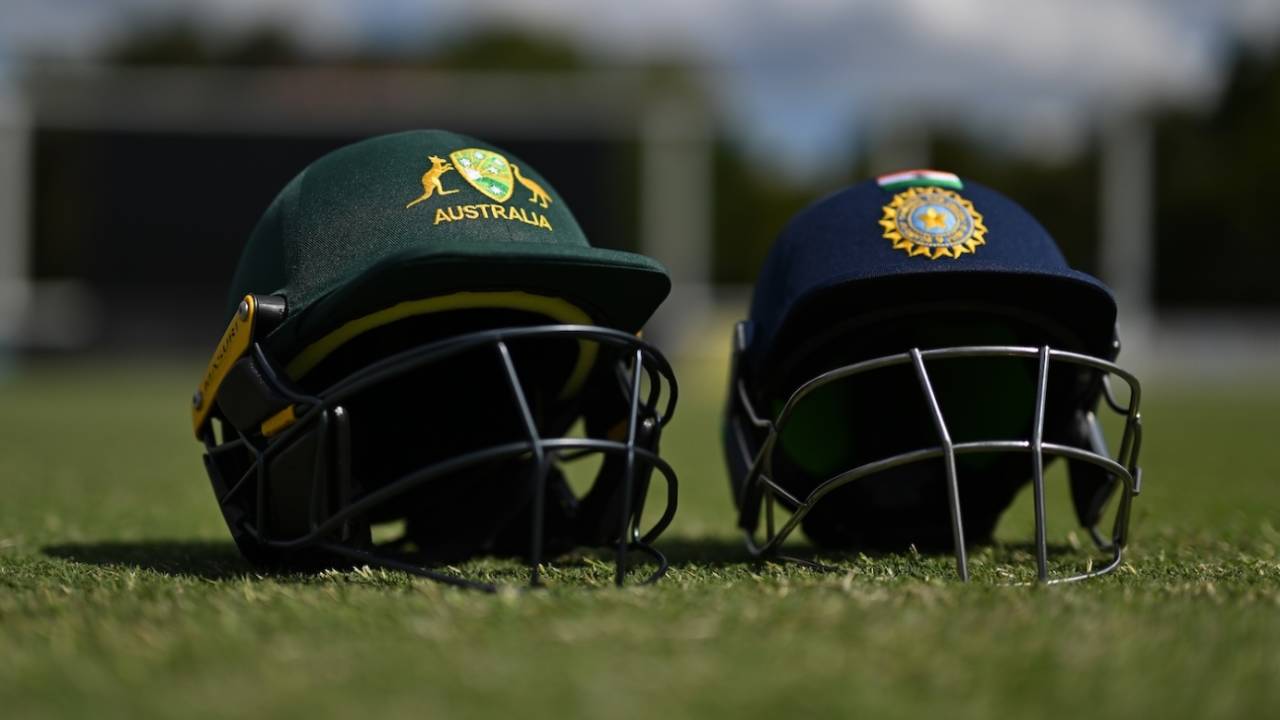 Helmets of the two teams on the field, Australia vs India, 1st Under-19 one-day match, Brisbane, September 21, 2025