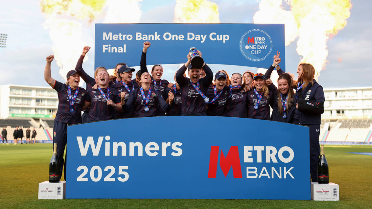 Ellie Threlkeld holds the One-Day Cup aloft, Hampshire vs Lancashire, Women's One-Day Cup final, Southampton, September 21, 2025