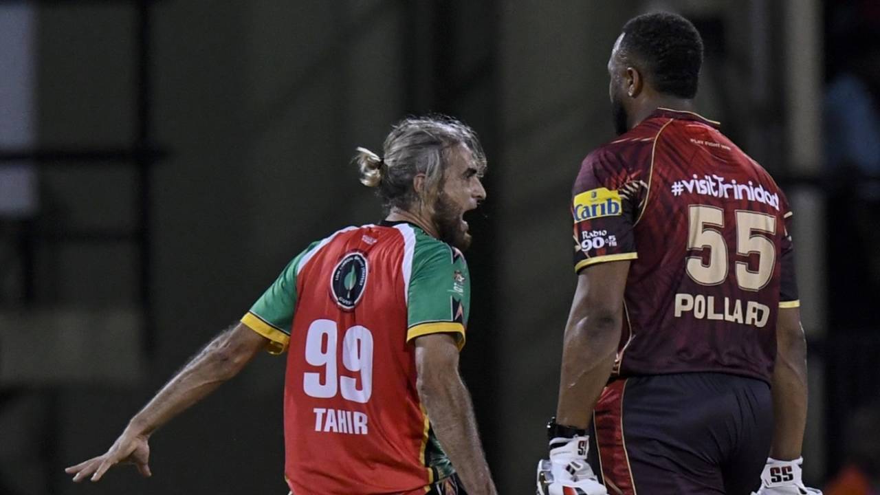 Imran Tahir lets it know after dismissing Kieron Pollard, Guyana Amazon Warriors vs Trinbago Knight Riders, CPL final, Providence, September 21, 2025