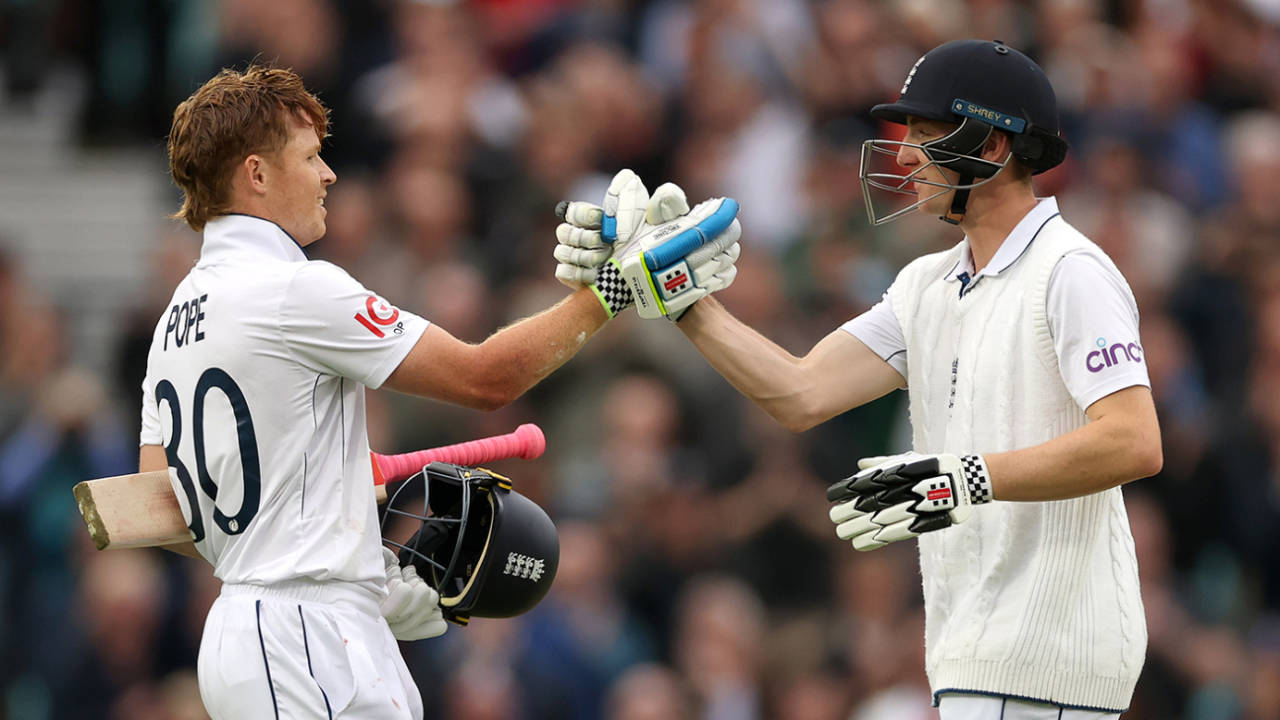 Harry Brook congratulates Ollie Pope on his hundred, England vs Sri Lanka, 3rd Men's Test, Day 1, The Oval, September 6, 2024