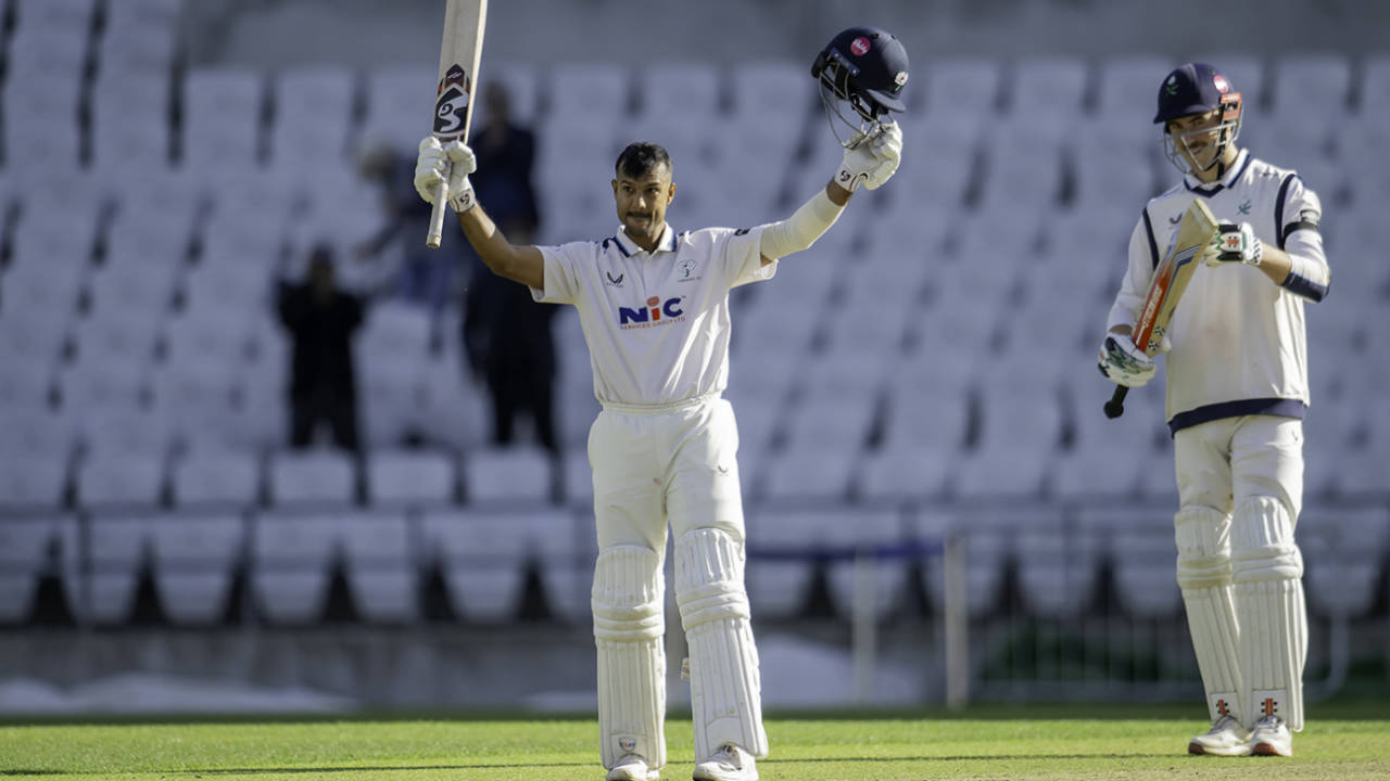 Mayank Agarwal celebrates reaching his hundred, Yorkshire vs Durham, County Championship, Headingley, September 25, 2025