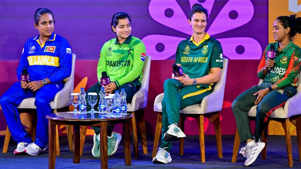 Captains Chamari Athapaththu, Fatima Sana, Laura Wolvaardt and Nigar Sultana at a press conference, Women's World Cup, Colombo, September 26, 2025 
