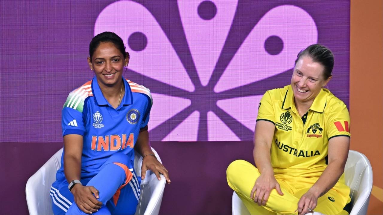 Harmanpreet Kaur and Alyssa Healy at the captains' conference, Women's World Cup, Bengaluru, September 26, 2025 