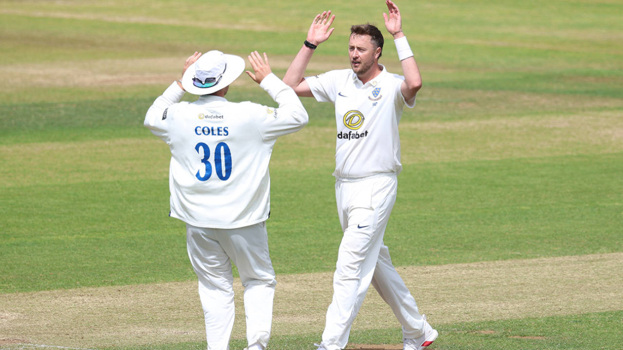 Ollie Robinson and James Coles exchange high fives, Durham vs Sussex, County Championship, Chester-le-Street, June 24, 2025