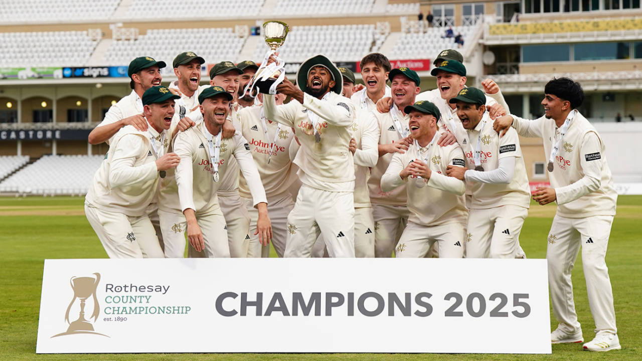 Haseeb Hameed holds the Championship trophy aloft, Nottinghamshire vs Warwickshire, County Championship, Division One, Trent Bridge, September 26, 2025
