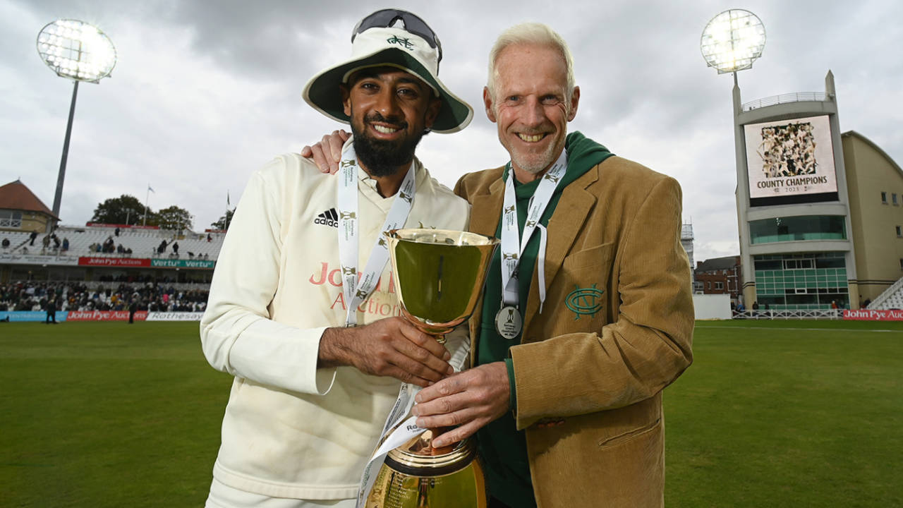 Haseeb Hameed and Peter Moores pose with the County Championship trophy, Nottinghamshire vs Warwickshire, County Championship, Division One, Trent Bridge, September 26, 2025