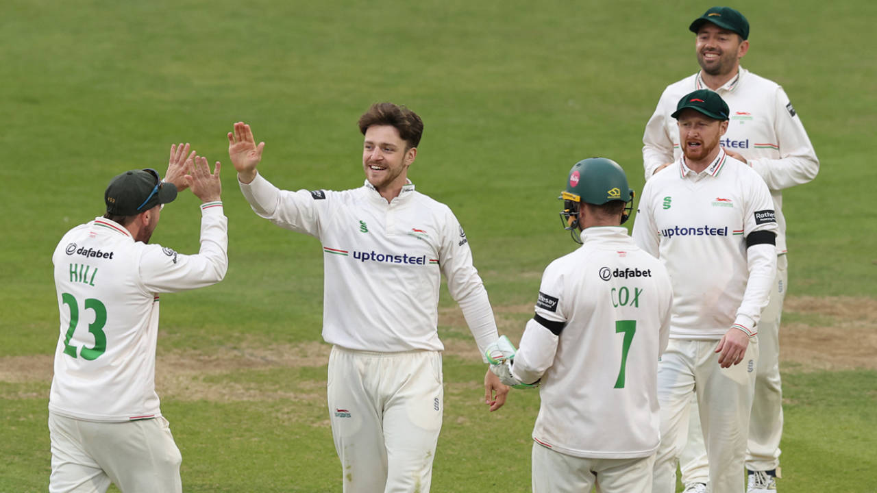 Liam Trevaskis celebrates a wicket, Northamptonshire vs Leicestershire, County Championship, Wantage Road, September 26, 2025