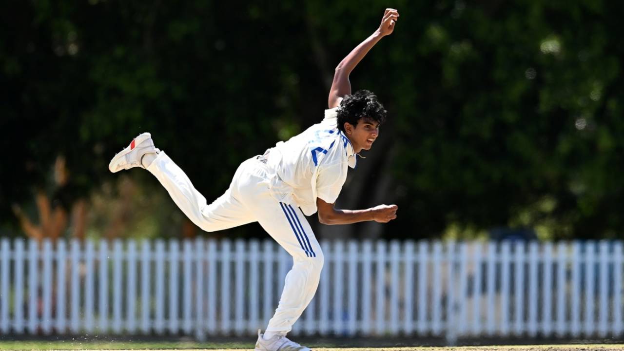 RS Ambrish operated with the new ball for India A, Australia Under-19 vs India Under-19, 1st Youth Test, Brisbane, September 30, 2025