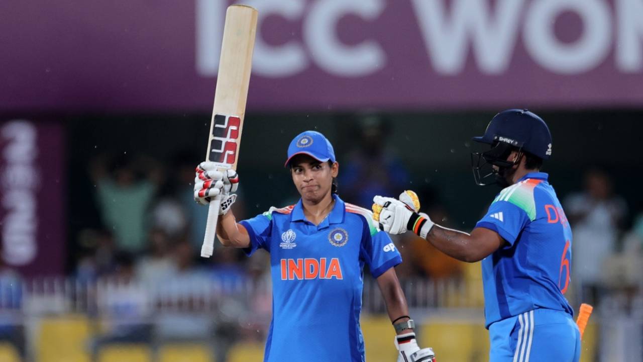 Amanjot Kaur celebrates her fifty as Deepti Sharma cheers on, India vs Sri Lanka, Women's ODI World Cup, Guwahati, September 30, 2025