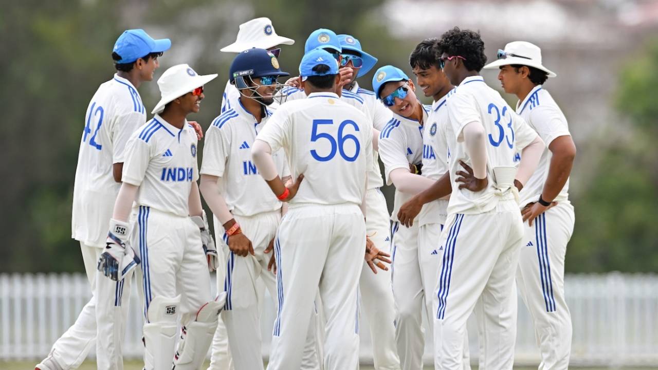 Kishan Kumar celebrates a wicket with his team-mates, Australia Under-19 vs India Under-19, 1st Youth Test, 1st day, Brisbane, September 30, 2025