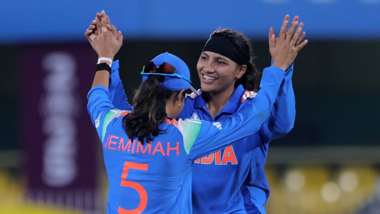 Sneh Rana celebrates a wicket with Jemimah Rodrigues, India vs Sri Lanka, Women's ODI World Cup, Guwahati, September 30, 2025