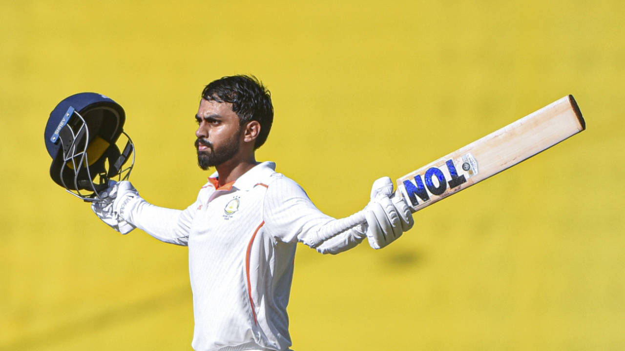 Atharv Taide celebrates his century, Vidarbha vs Rest of India, day 1, Nagpur, Irani Cup, October 1, 2025