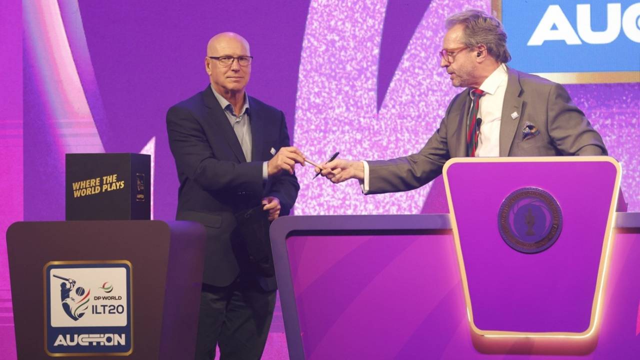 ILT20 CEO David White and Richard Madley at the league's first player auction, Dubai, October 1, 2025