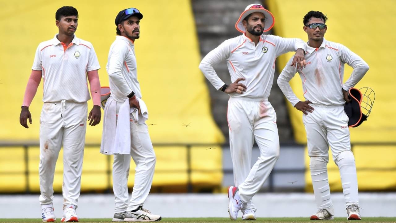 Darshan Nalkande, Yash Rathod, Dhruv Shorey and Aman Mokhade look on, Vidarbha vs Rest of India, Nagpur, Irani Cup, 2nd day, October 2, 2025
