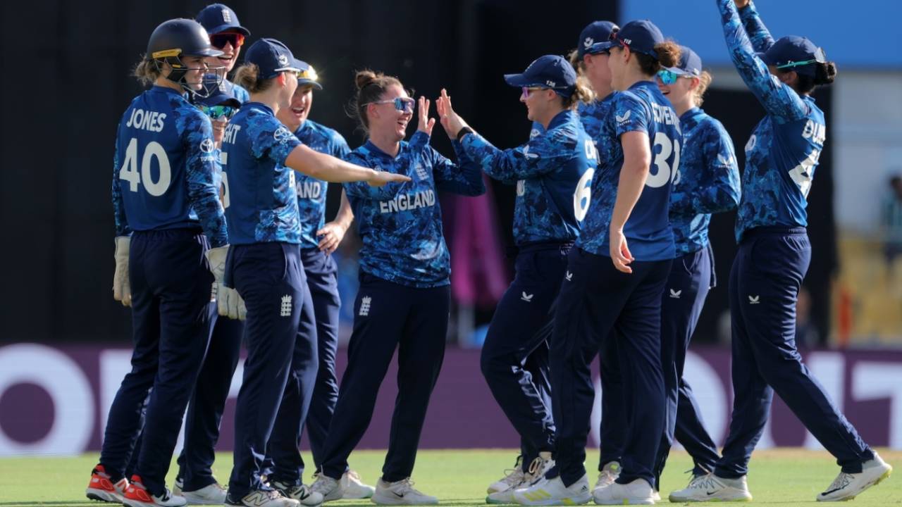 Linsey Smith celebrates the early wicket of Laura Wolvaardt, England vs South Africa, Women's ODI World Cup, Guwahati, October 3, 2025