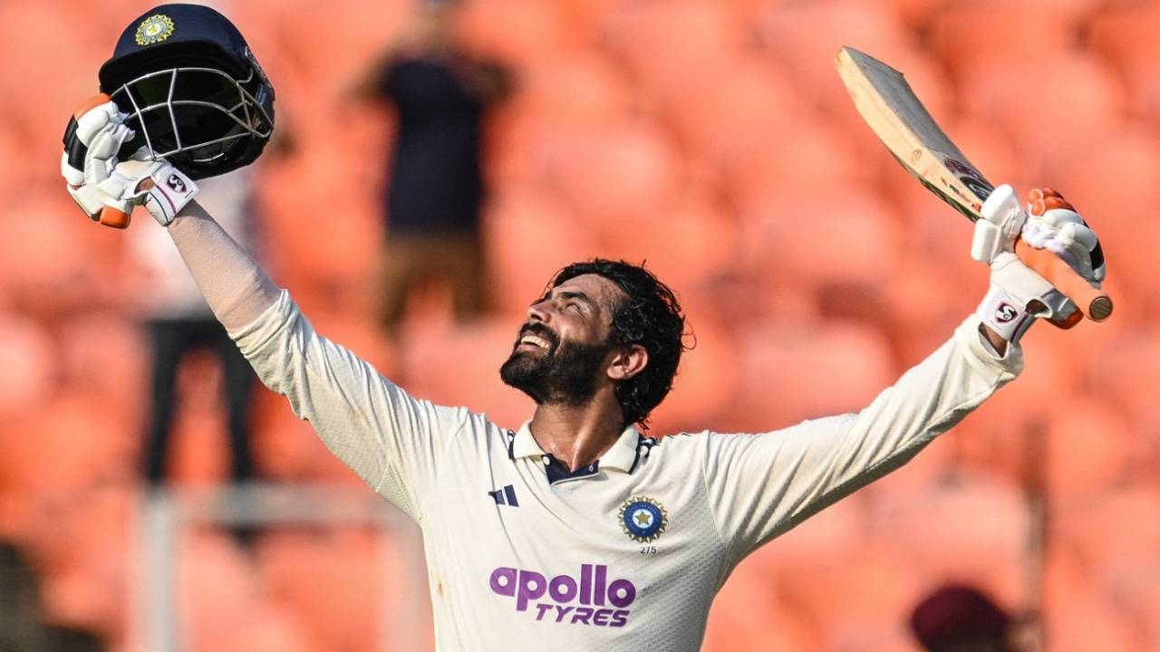 Ravindra Jadeja celebrates his sixth Test century, India vs West Indies, 1st Test, Ahmedabad, 2nd day, October 3, 2025