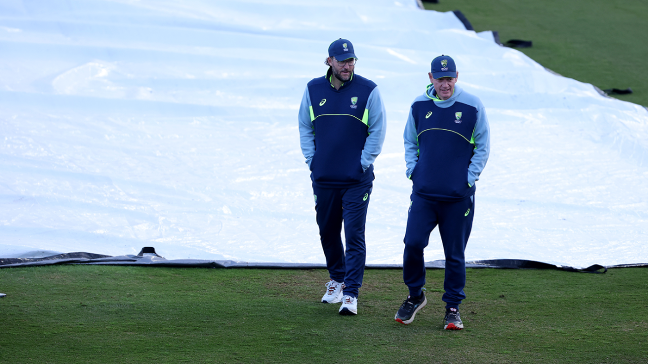 Daniel Vettori and Andrew McDonald walk past the covers, New Zealand vs Australia, 3rd T20I, Mount Maunganui, October 4, 2025