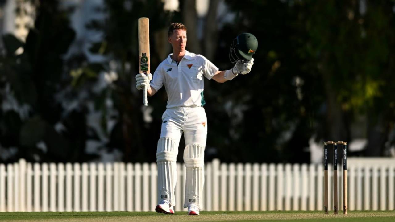 Jordan Silk celebrates his century, Queensland vs Tasmania, Sheffield Shield, day 1, Brisbane, October 4, 2025