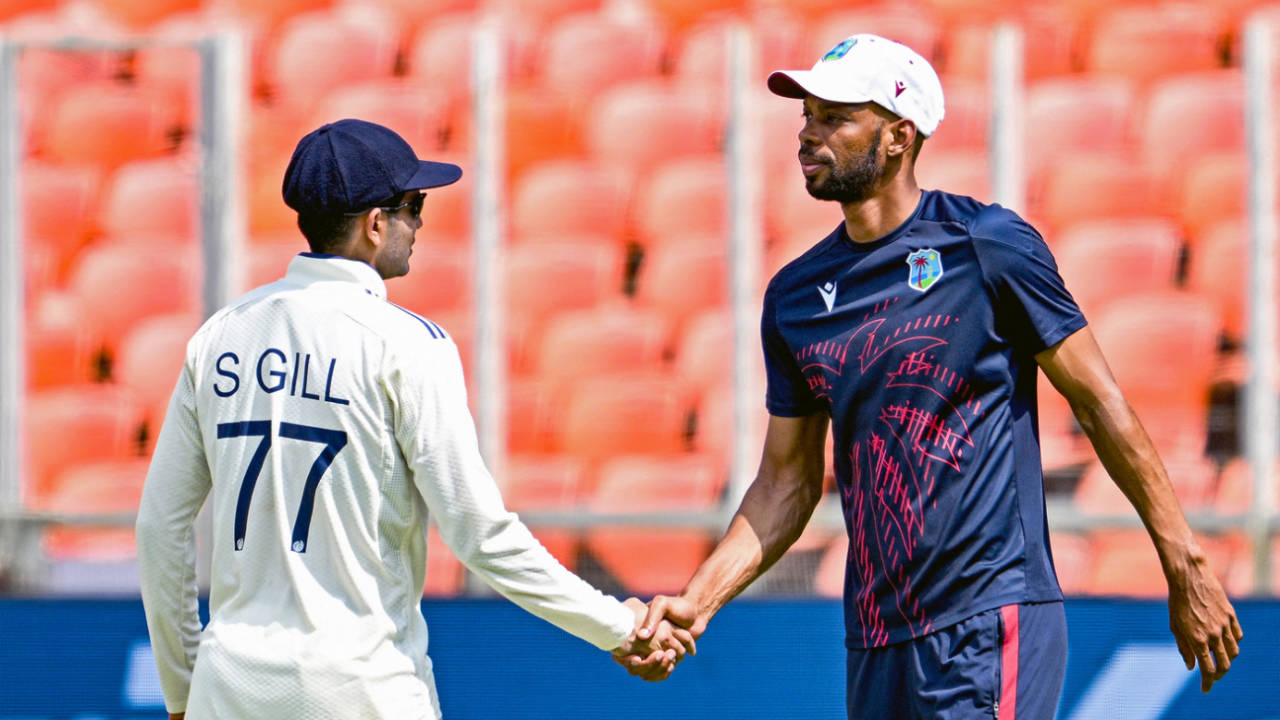 Captains Shubman Gill and Roston Chase shake hands at the end of the match, India vs West Indies, 1st Test, day 3, Ahmedabad, October 4, 2025