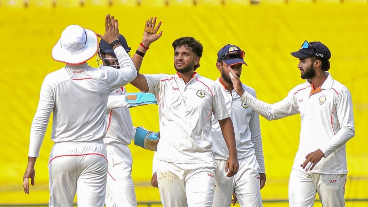 Harsh Dubey celebrates a wicket with his team-mates, Vidarbha vs Rest of India, Irani Cup, Nagpur, October 4, 2025