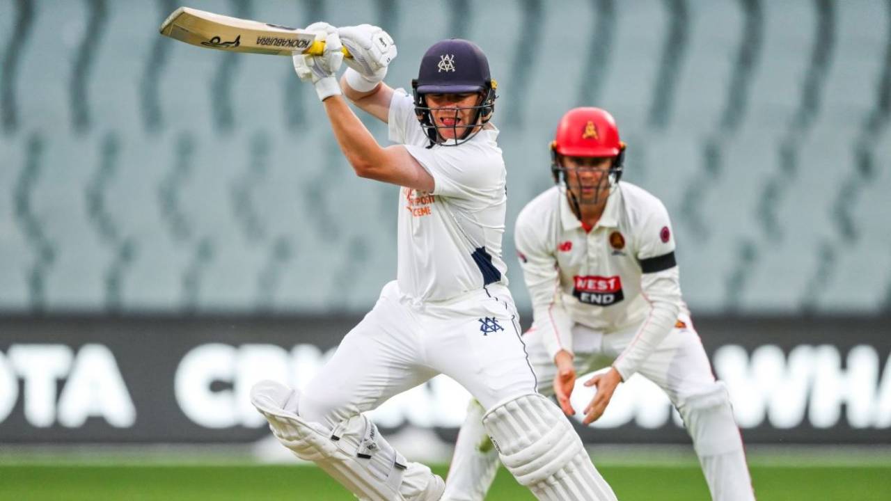Marcus Harris punches off the back foot, South Australia vs Victoria, Sheffield Shield, Adelaide Oval, October 5, 2025