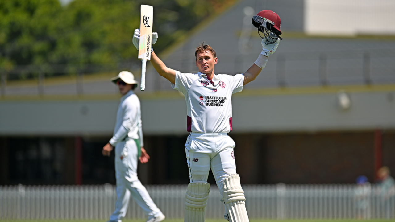 Marnus Labuschagne brought up a century in his first Shield innings of the season, Queensland vs Tasmania, Sheffield Shield, Allan Border Field, October 6, 2025