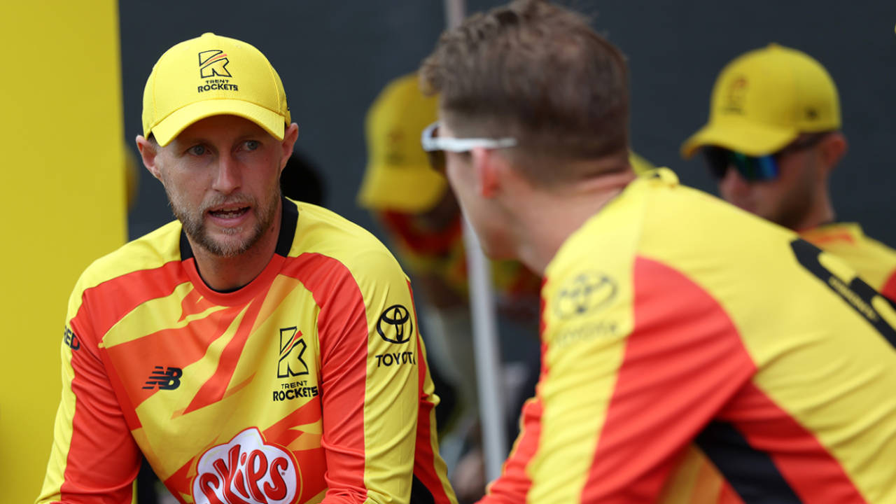 Joe Root chats to team-mates in the dugout, Trent Rockets vs Southern Brave, Trent Bridge, Men's Hundred, August 16, 2025