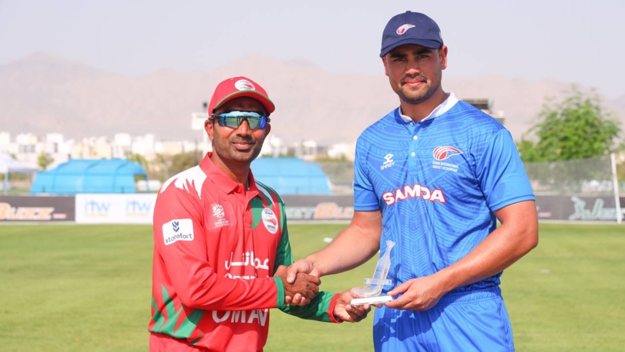 Aamir Kaleem and Caleb Jasmat at the toss, Oman vs Samoa, Men's T20 World Cup Asia & EAP Qualifier, Oman, October 8, 2025