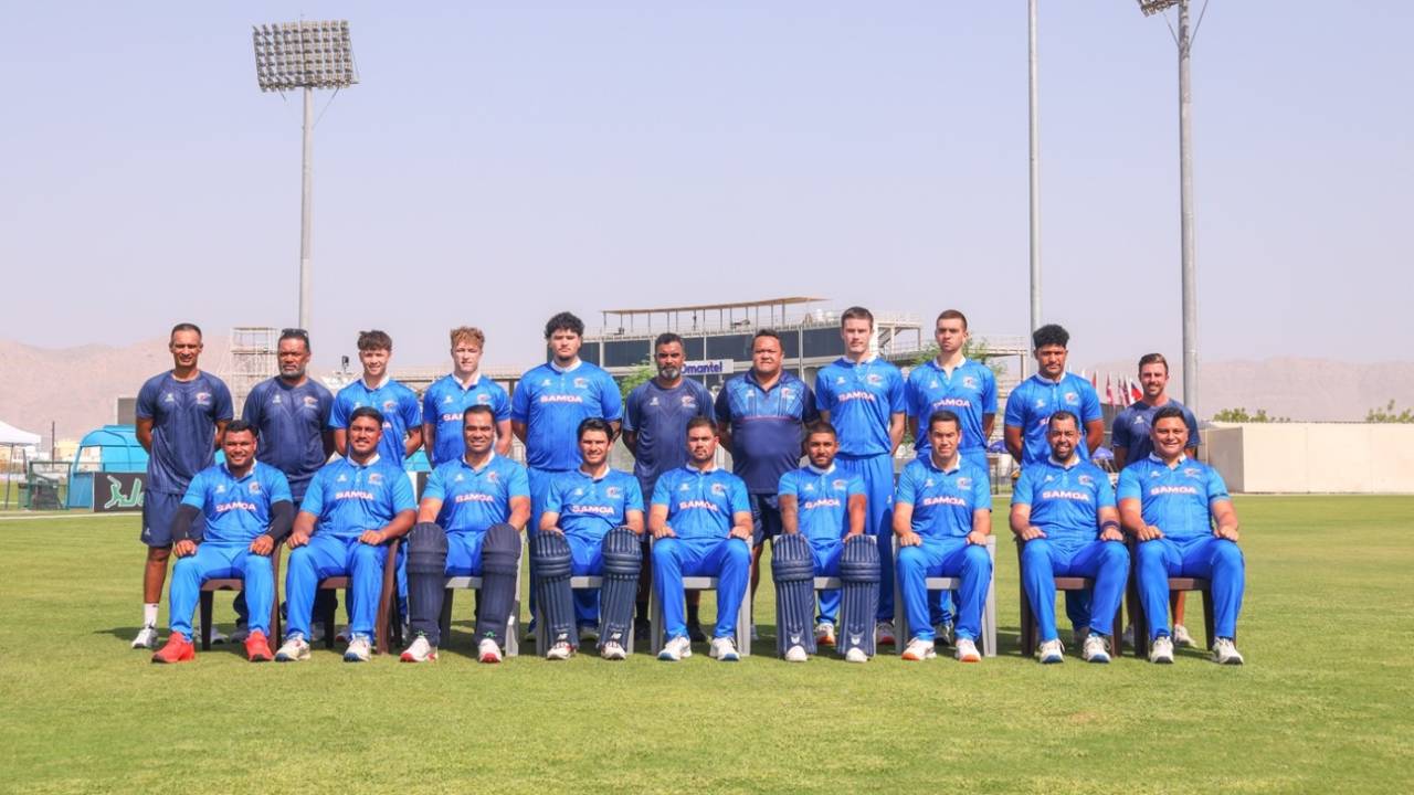 Samoa's players and staff strike a pose ahead of the start of the Men's T20 World Cup Asia & EAP Qualifier, Oman vs Samoa, Men's T20 World Cup Asia & EAP Qualifier, Oman, October 8, 2025