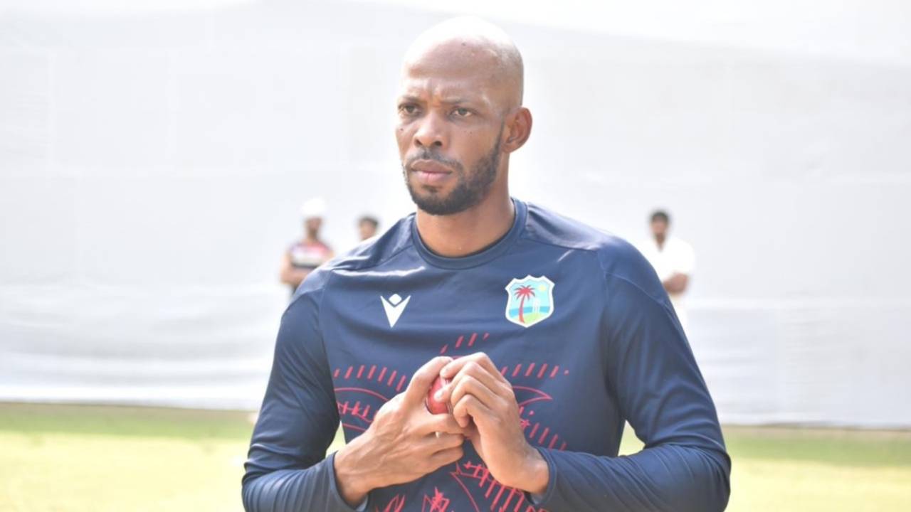Roston Chase prepares to bowl at the nets, Delhi, October 9, 2025