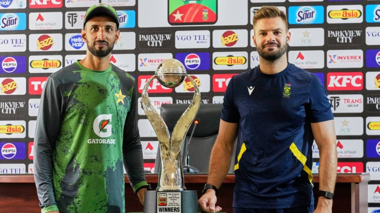 Shan Masood and Aiden Markram pose with the series trophy, Pakistan vs South Africa, 1st Test, Lahore, October 11, 2025