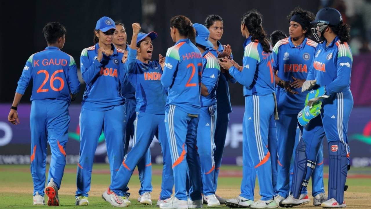 The Indian team celebrate the fall of a wicket, India vs Australia, Women's ODI World Cup, Visakhapatnam, October 12, 2025